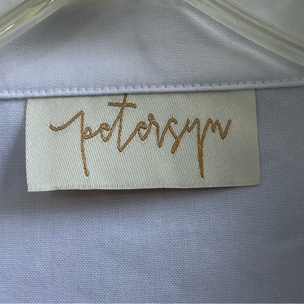 Petersyn White Cotton Medium‎ Blouse Buttons LS Puffy Sleeves Open Neck Collar - Picture 3 of 11